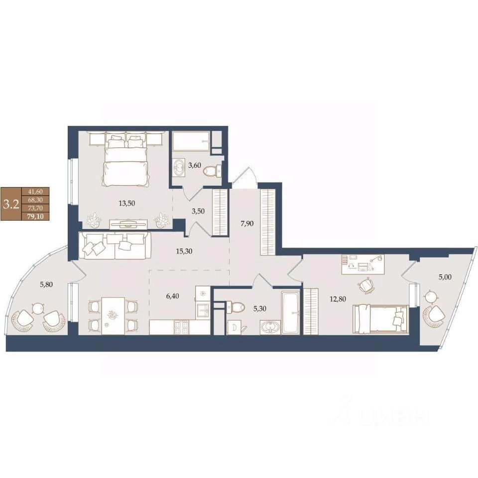 2-к кв. Свердловская область, Екатеринбург ул. Щербакова, 20 (73.7 м²)