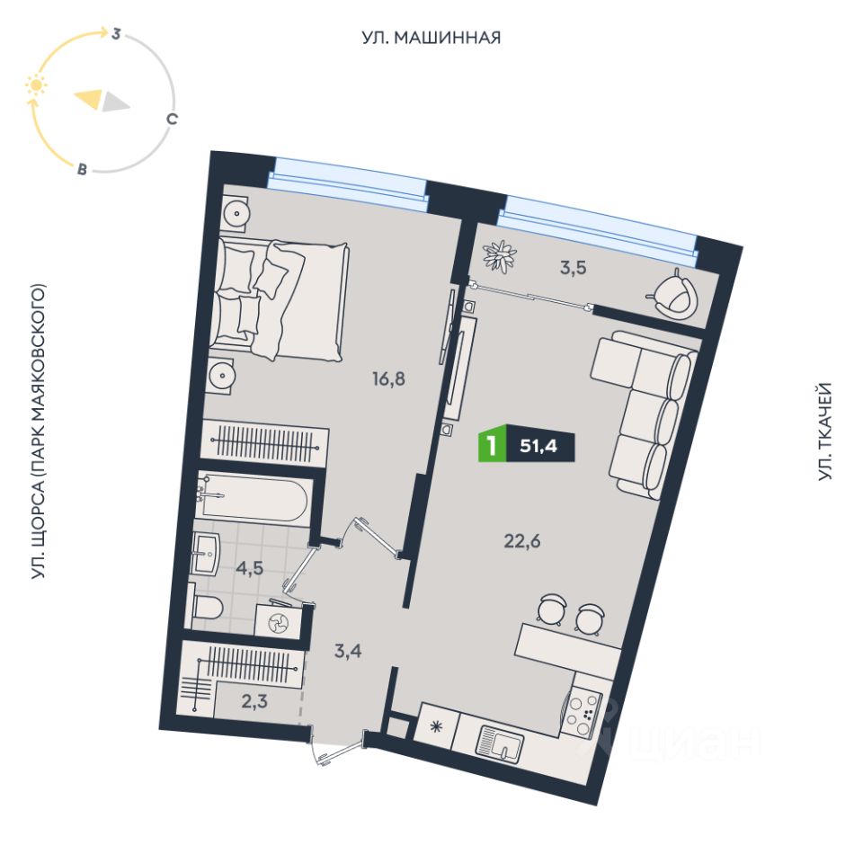 1-к кв. Свердловская область, Екатеринбург ул. Машинная, 1в/2 (51.4 м²)
