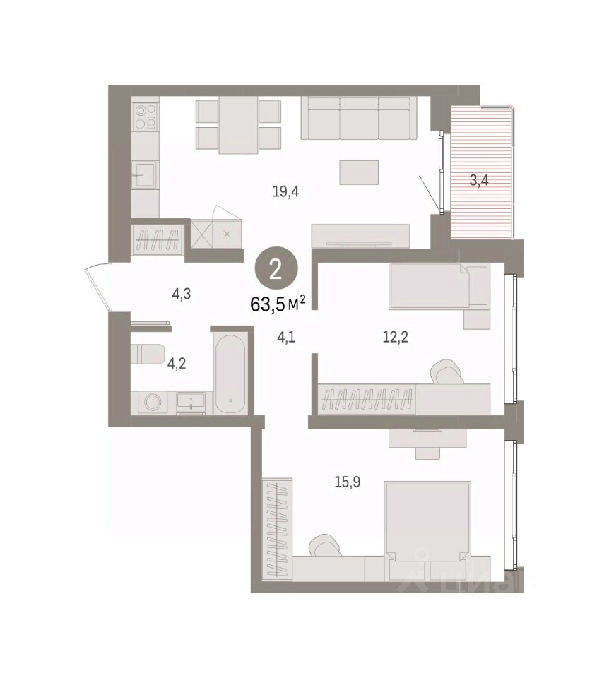2-к кв. Свердловская область, Екатеринбург пер. Торфяной, 10 (63.5 м²)