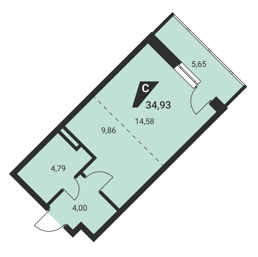 Студия Свердловская область, Екатеринбург ул. Громова, 26/4 (34.93 м²)