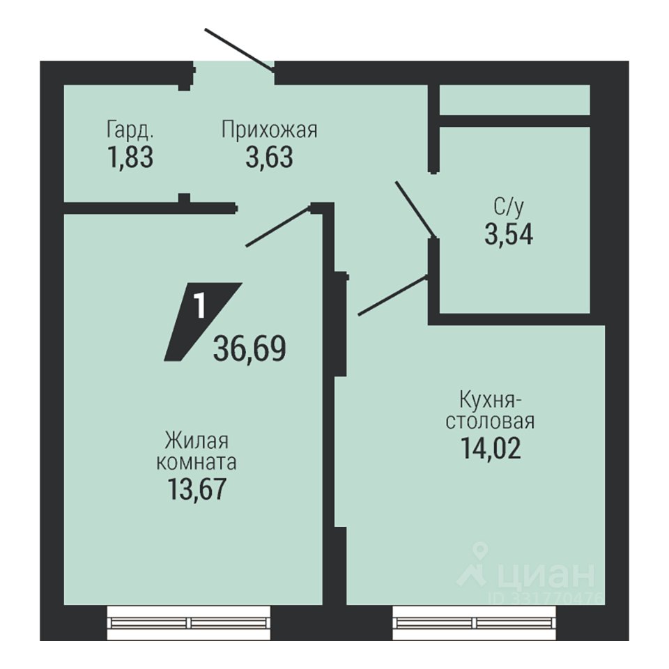 1-к кв. Свердловская область, Екатеринбург Академический мкр, 4-й кв-л,  (36.69 м²)