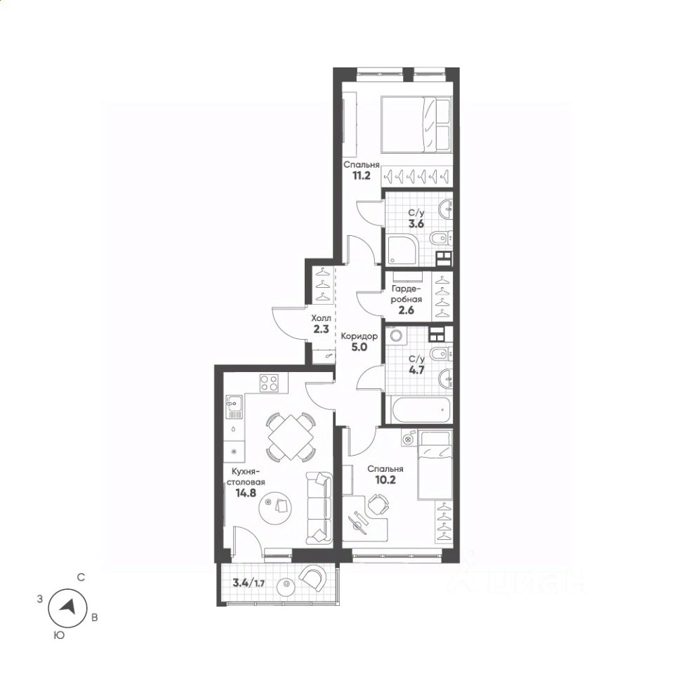 2-к кв. Свердловская область, Екатеринбург Солнечный жилрайон,  (56.1 м²)