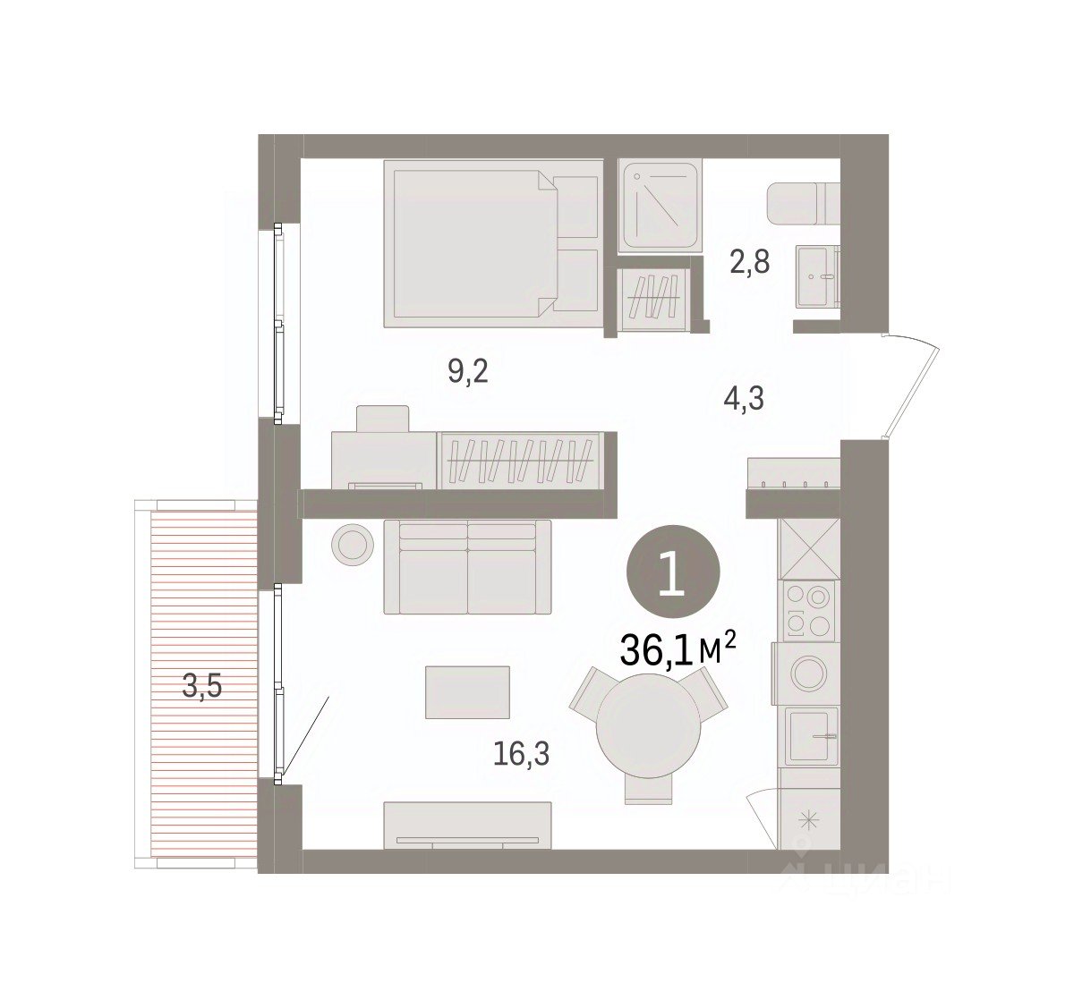 1-к кв. Свердловская область, Екатеринбург пер. Торфяной, 10 (36.1 м²)