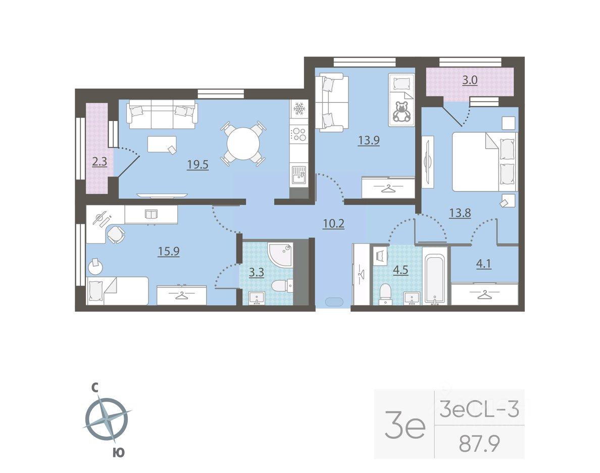 3-к кв. Свердловская область, Екатеринбург ул. Азина, 16/2 (87.9 м²)
