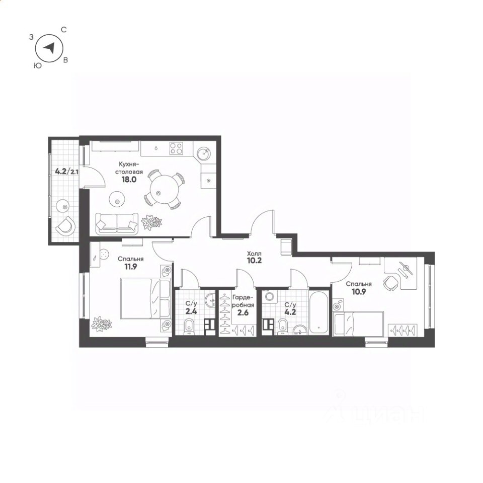 2-к кв. Свердловская область, Екатеринбург Солнечный жилрайон,  (62.3 м²)