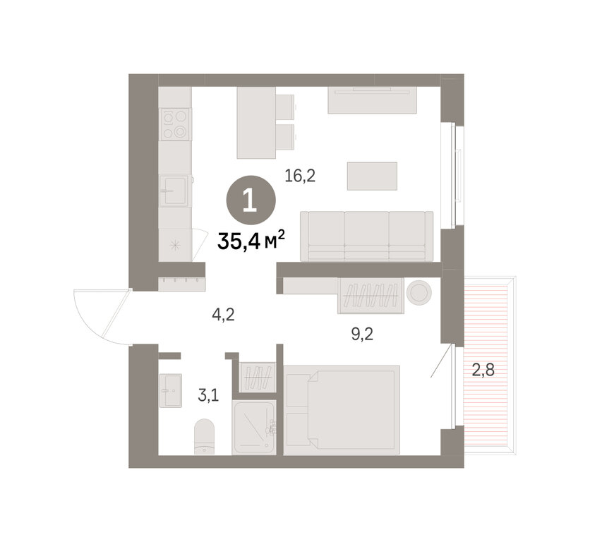 1-комнатная квартира: Екатеринбург, Благодатская улица, 15 (35.37 м²)