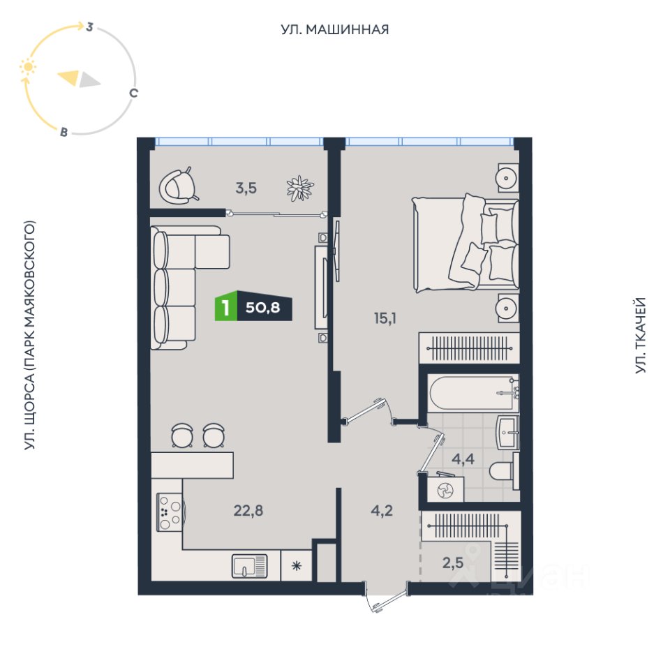 1-к кв. Свердловская область, Екатеринбург ул. Машинная, 1в/2 (50.08 м²)