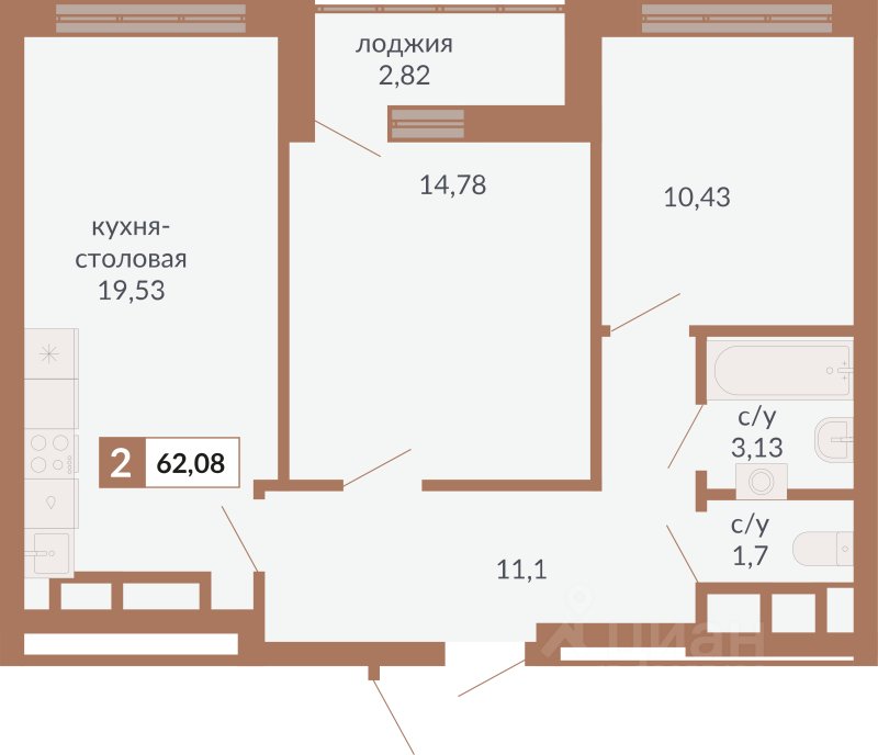 2-к кв. Свердловская область, Екатеринбург пер. Старателей (62.08 м²)