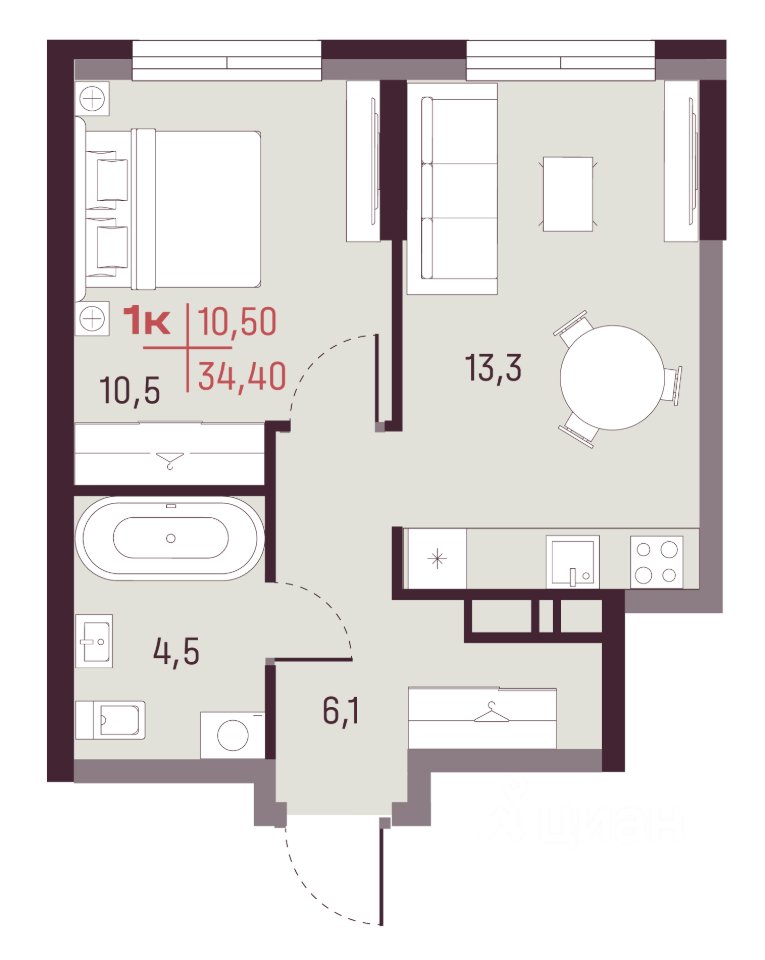 1-к кв. Свердловская область, Екатеринбург ул. Академика Ландау, 13 (34.4 м²)