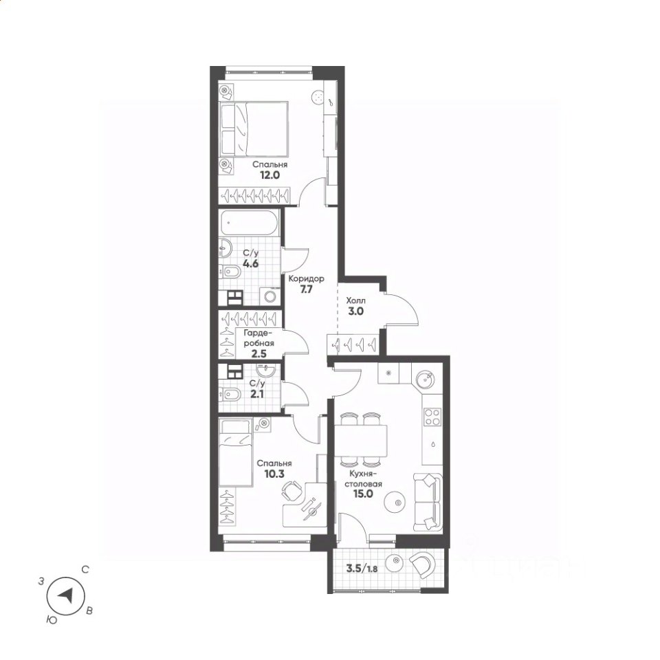2-к кв. Свердловская область, Екатеринбург Солнечный жилрайон,  (59.0 м²)
