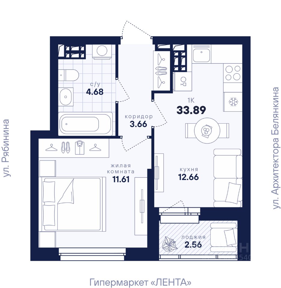 1-к кв. Свердловская область, Екатеринбург ул. Рябинина, 42 (33.89 м²)