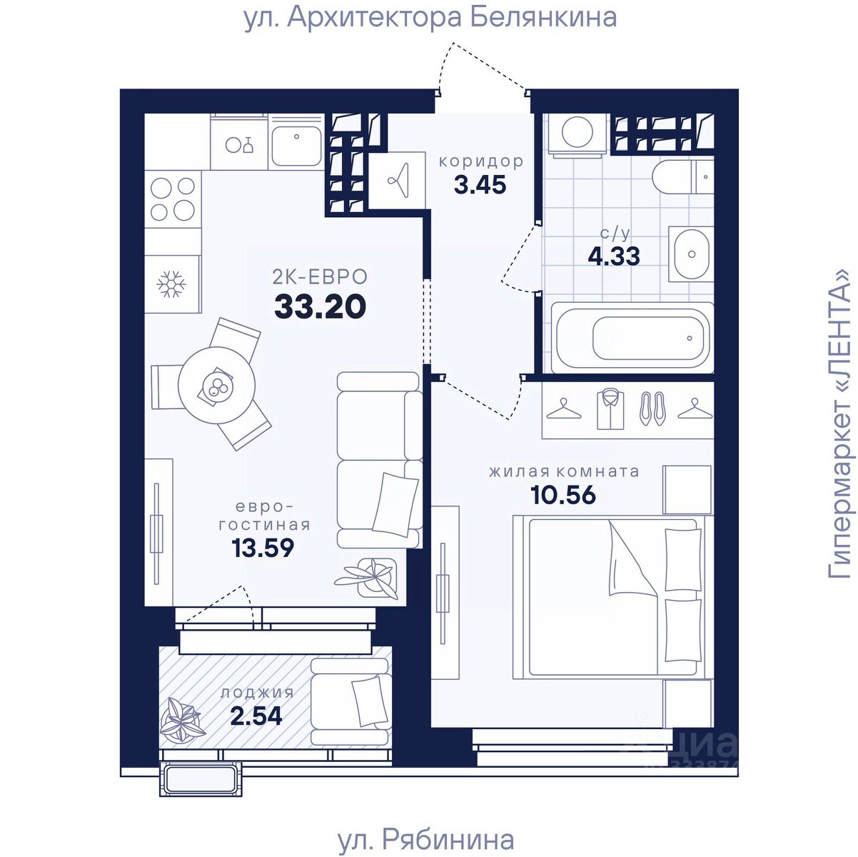 1-к кв. Свердловская область, Екатеринбург ул. Рябинина, 42 (33.2 м²)