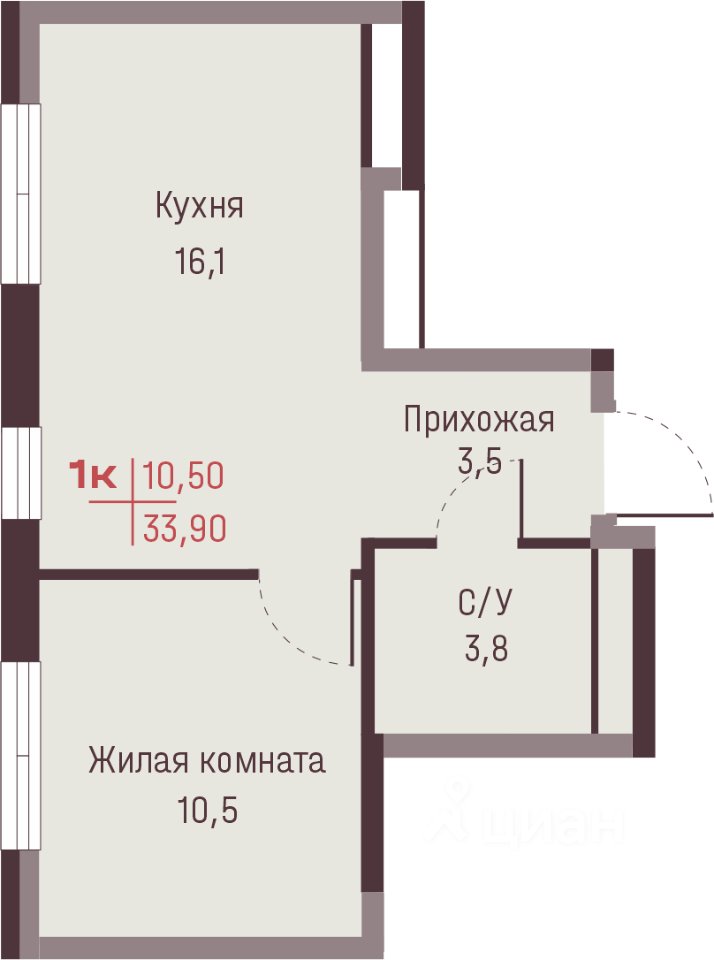 1-к кв. Свердловская область, Екатеринбург ул. Академика Ландау, 13 (33.9 м²)