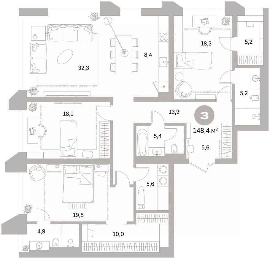 3-к кв. Свердловская область, Екатеринбург ул. Гоголя, 21 (148.37 м²)