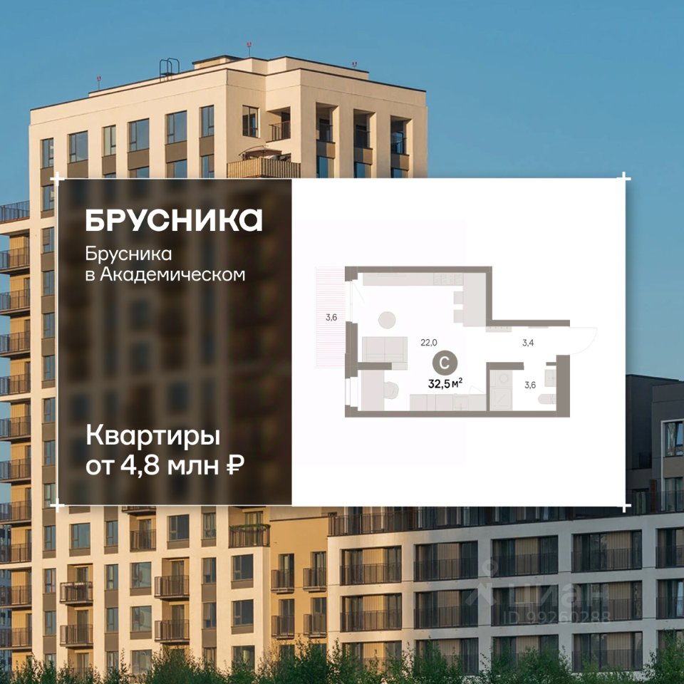 Студия Свердловская область, Екатеринбург Академический мкр, 19-й кв-л, Брусника в Академическом жилой комплекс (32.52 м²)