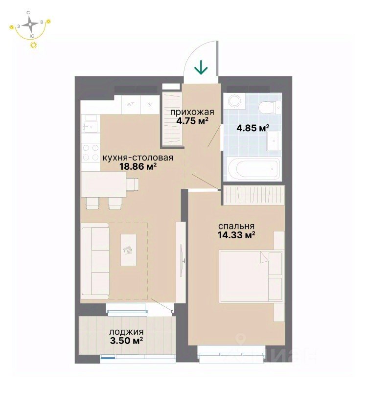 1-к кв. Свердловская область, Екатеринбург ул. Вилонова (46.29 м²)