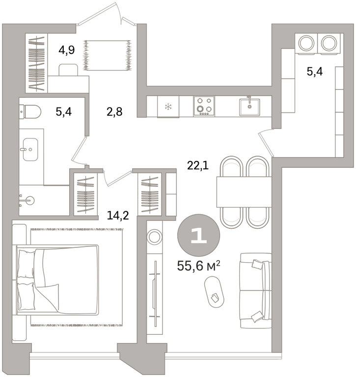 Квартира-студия: Екатеринбург, улица Гоголя, 21 (55.57 м²)