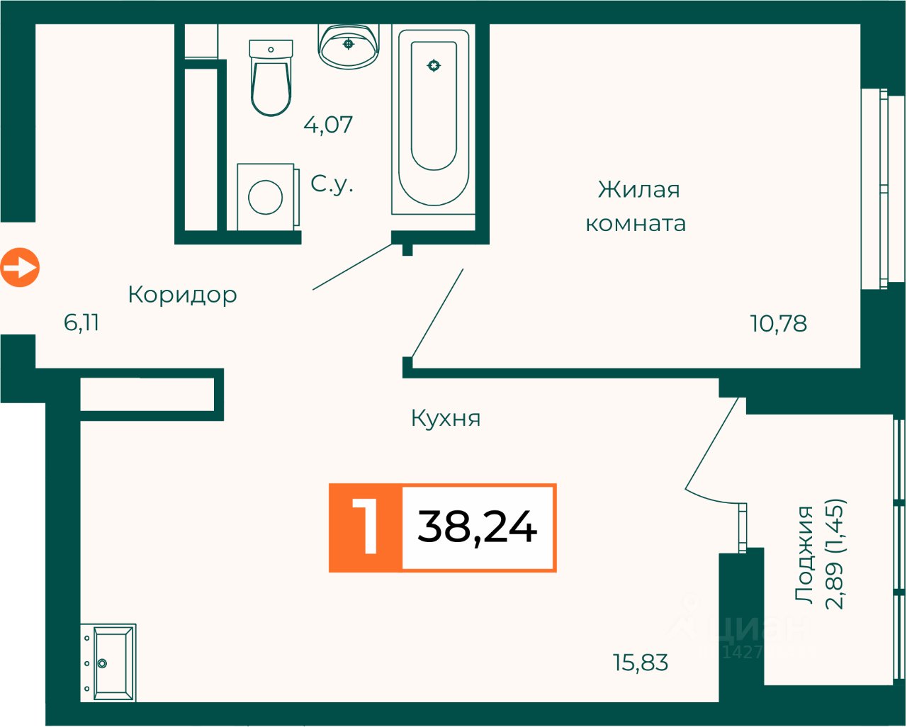 1-к кв. Свердловская область, Екатеринбург ВИЗ жилрайон,  (38.24 м²)