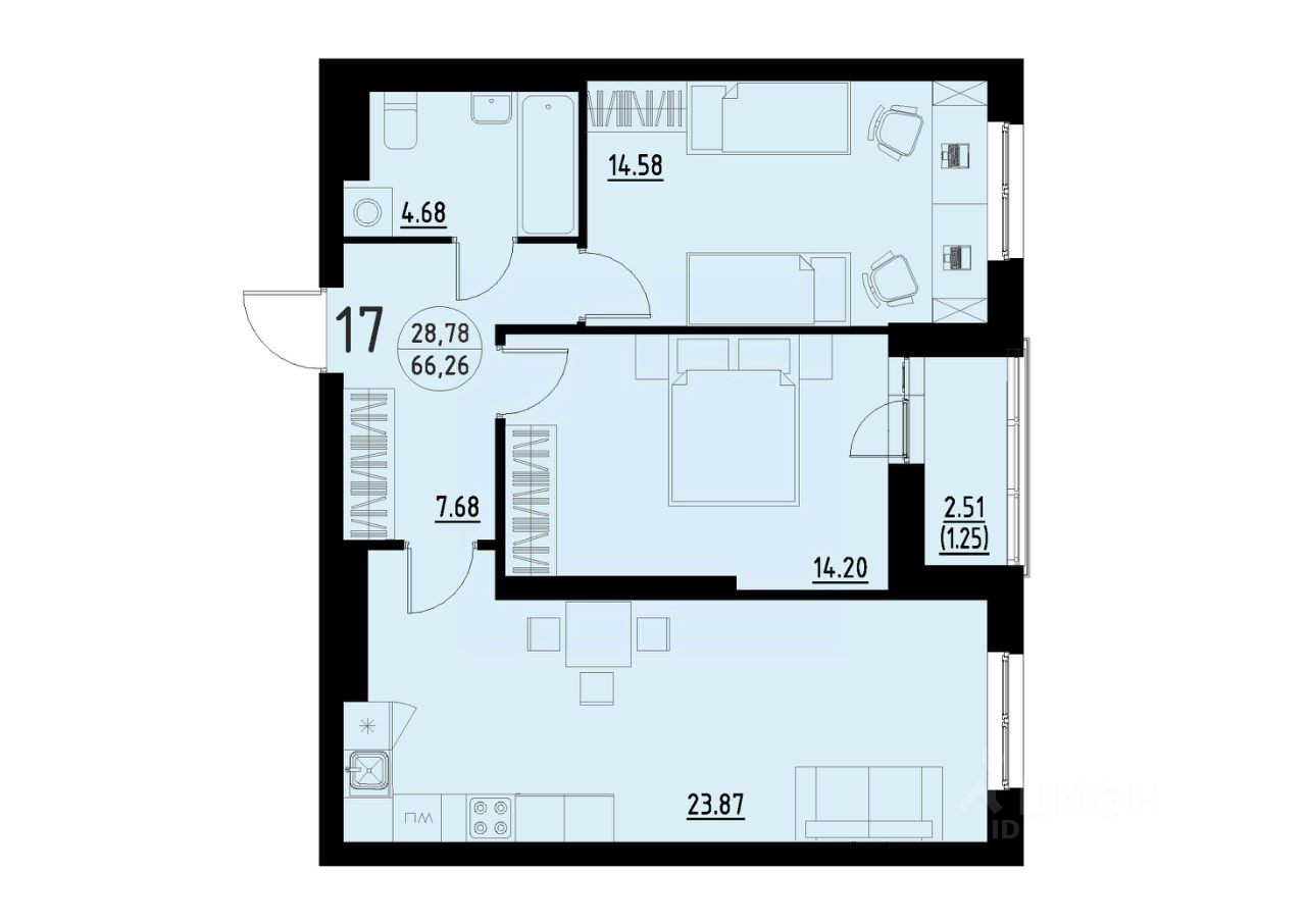 2-к кв. Свердловская область, Екатеринбург ул. Черкасская, 5 (66.26 м²)
