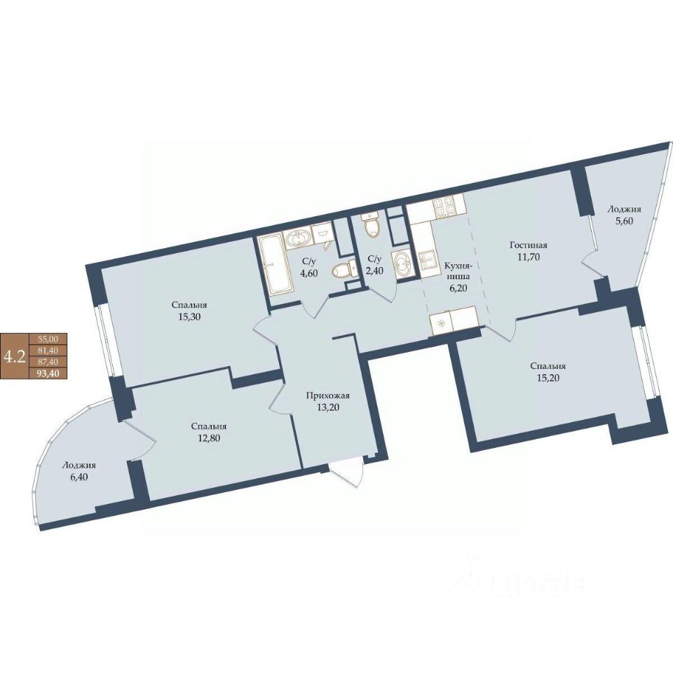 3-к кв. Свердловская область, Екатеринбург ул. Щербакова, 20 (87.4 м²)