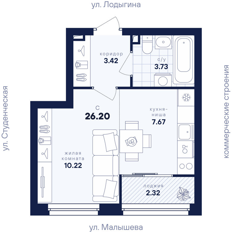Квартира-студия: Екатеринбург, улица Малышева, 145/4 (26.2 м²)