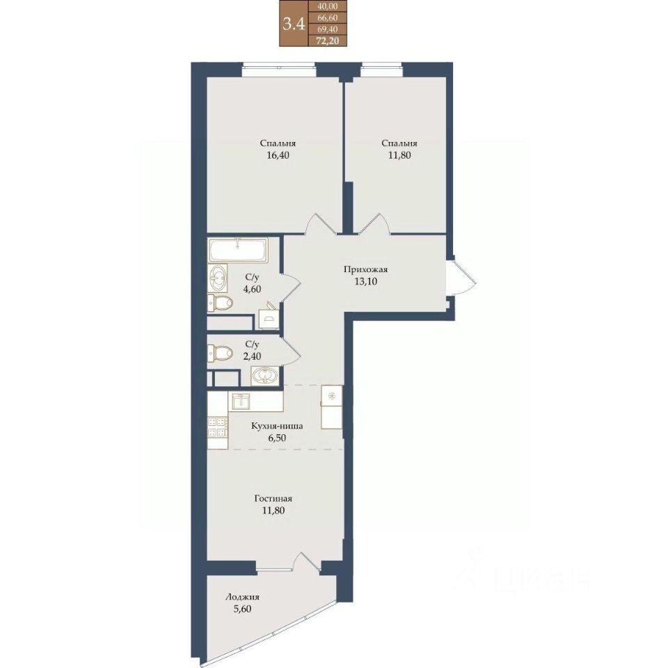 2-к кв. Свердловская область, Екатеринбург ул. Щербакова, 20 (69.4 м²)