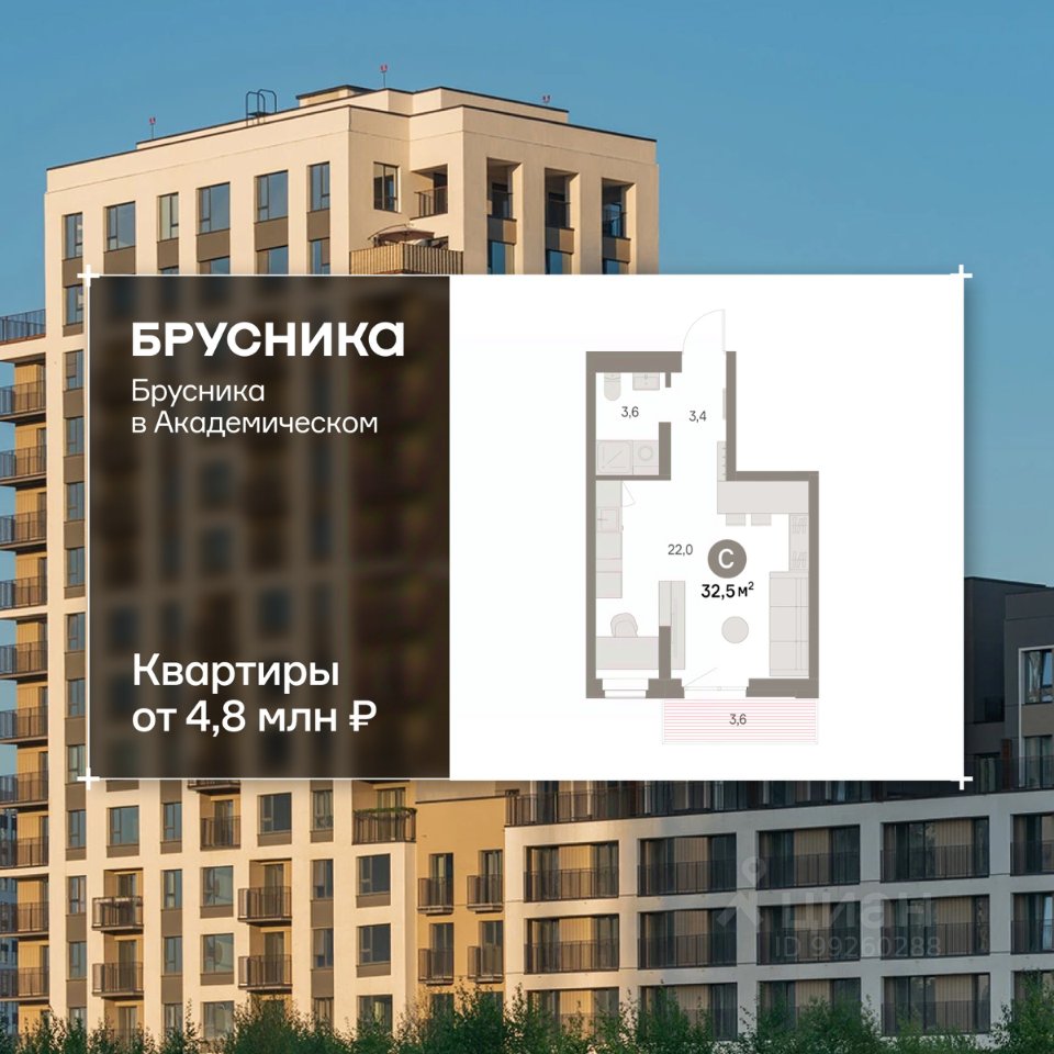 Студия Свердловская область, Екатеринбург Академический мкр, 19-й кв-л, Брусника в Академическом жилой комплекс (32.52 м²)
