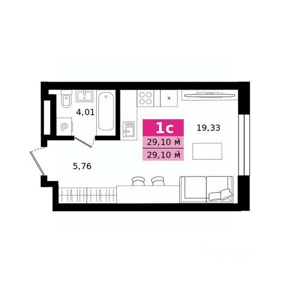 Студия Свердловская область, Екатеринбург ул. Монтерская (29.1 м²)