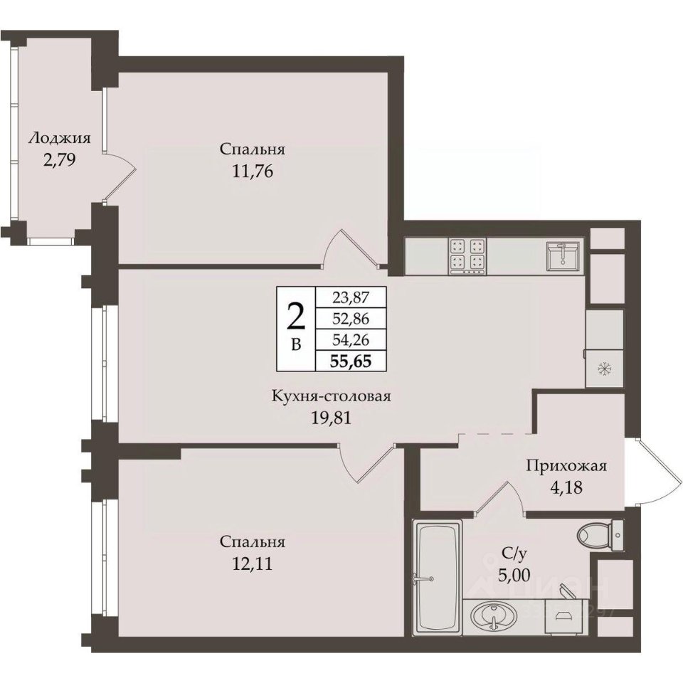 2-к кв. Свердловская область, Екатеринбург ул. Репина, 64 (54.26 м²)