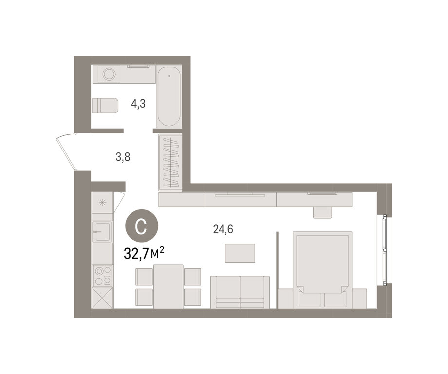 Квартира-студия: Екатеринбург, Торфяной переулок, 10 (32.7 м²)
