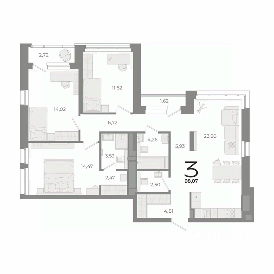 3-к кв. Свердловская область, Екатеринбург ул. Фурманова (98.4 м²)