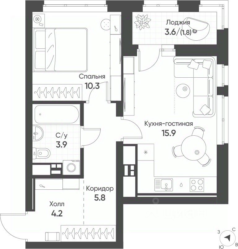 1-к кв. Свердловская область, Екатеринбург Солнечный жилрайон,  (41.6 м²)