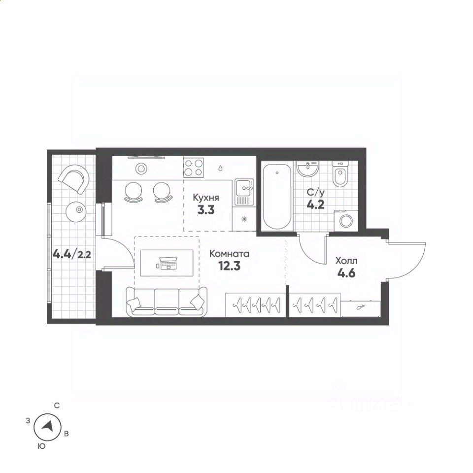 Студия Свердловская область, Екатеринбург Солнечный жилрайон,  (26.6 м²)