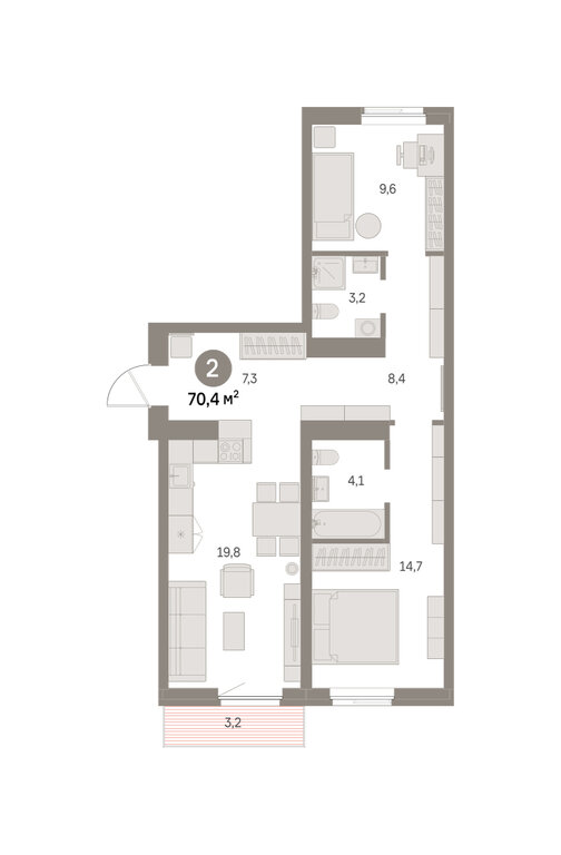 2-комнатная квартира: Екатеринбург, Благодатская улица, 15 (70.38 м²)