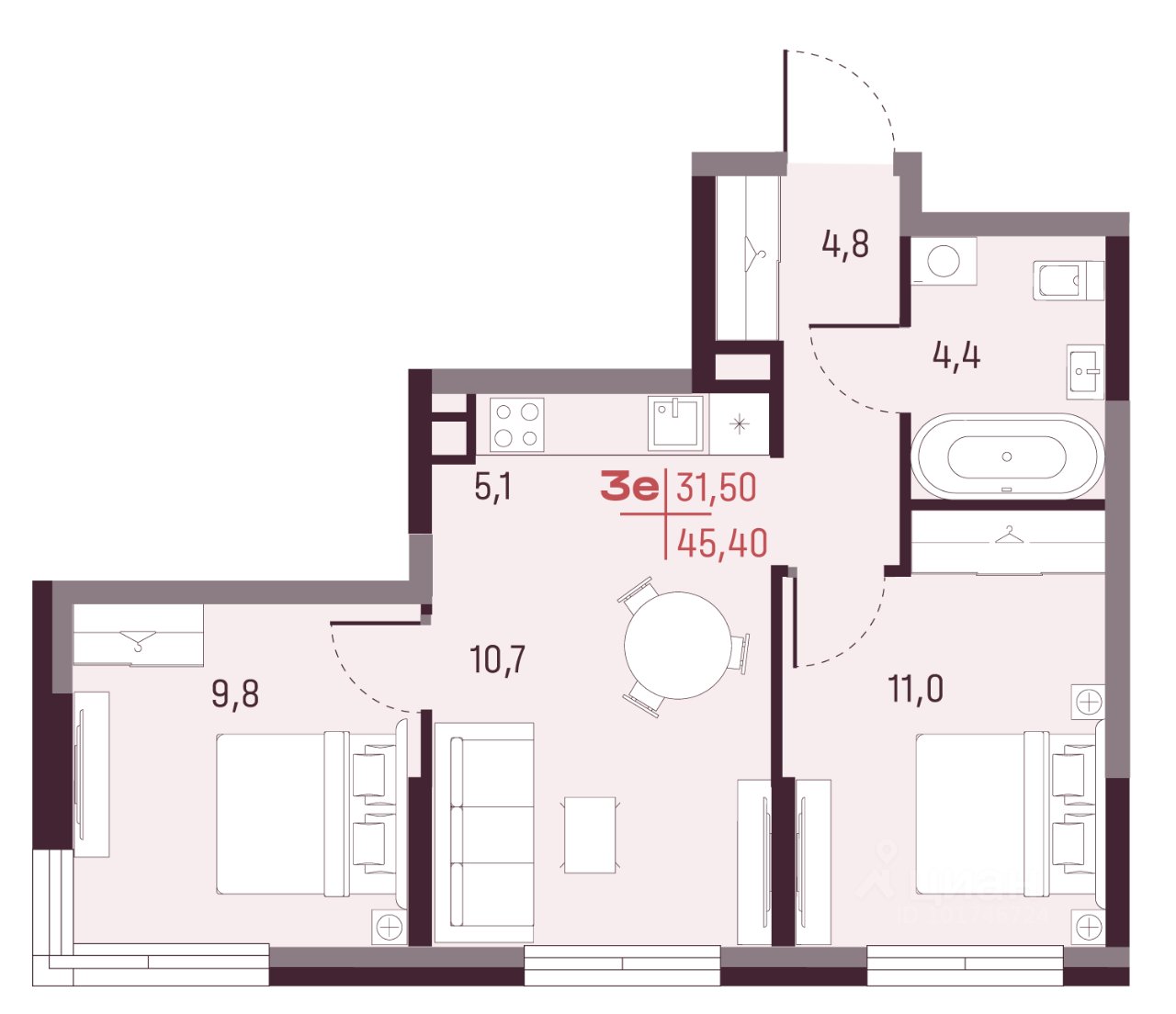 3-к кв. Свердловская область, Екатеринбург ул. Академика Ландау, 13 (45.4 м²)