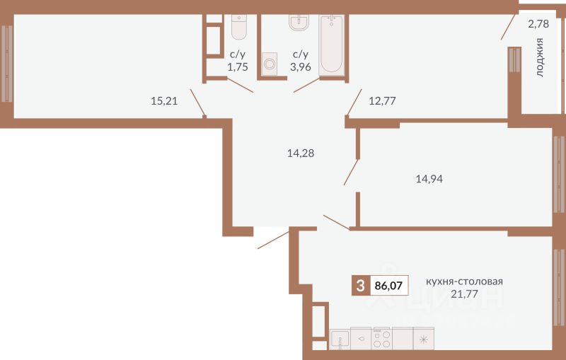3-к кв. Свердловская область, Екатеринбург пер. Старателей (86.07 м²)
