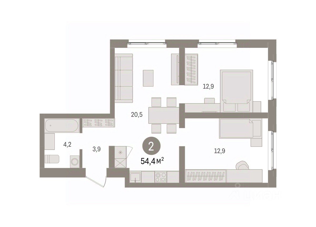 2-к кв. Свердловская область, Екатеринбург пер. Торфяной, 10 (54.4 м²)