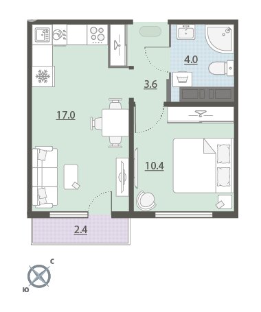 1-комнатная квартира: Екатеринбург, микрорайон Широкая Речка (35.7 м²)