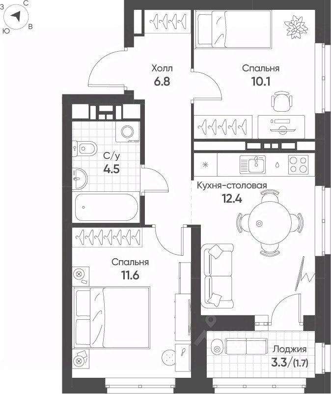 2-к кв. Свердловская область, Екатеринбург Солнечный жилрайон, (47.1 м²)