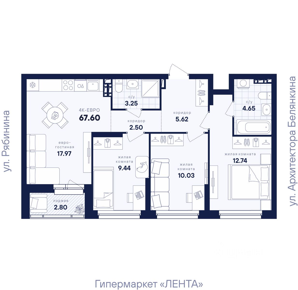 3-к кв. Свердловская область, Екатеринбург ул. Рябинина, 42 (67.6 м²)