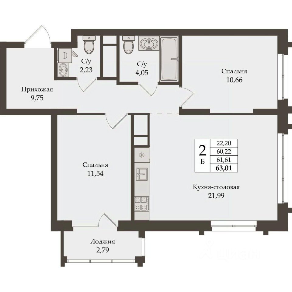 2-к кв. Свердловская область, Екатеринбург ул. Репина, 64 (61.61 м²)