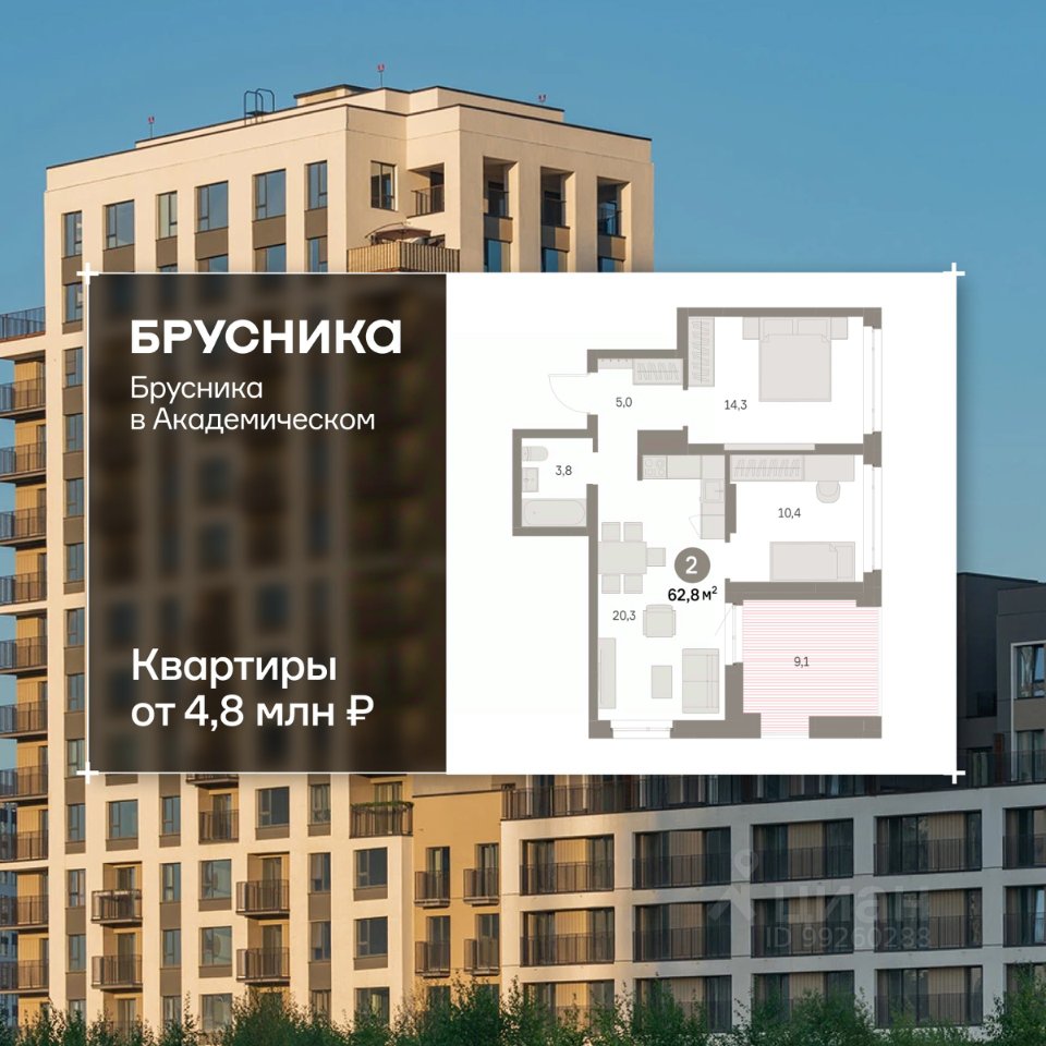 2-к кв. Свердловская область, Екатеринбург Академический мкр, 19-й кв-л, Брусника в Академическом жилой комплекс (62.8 м²)