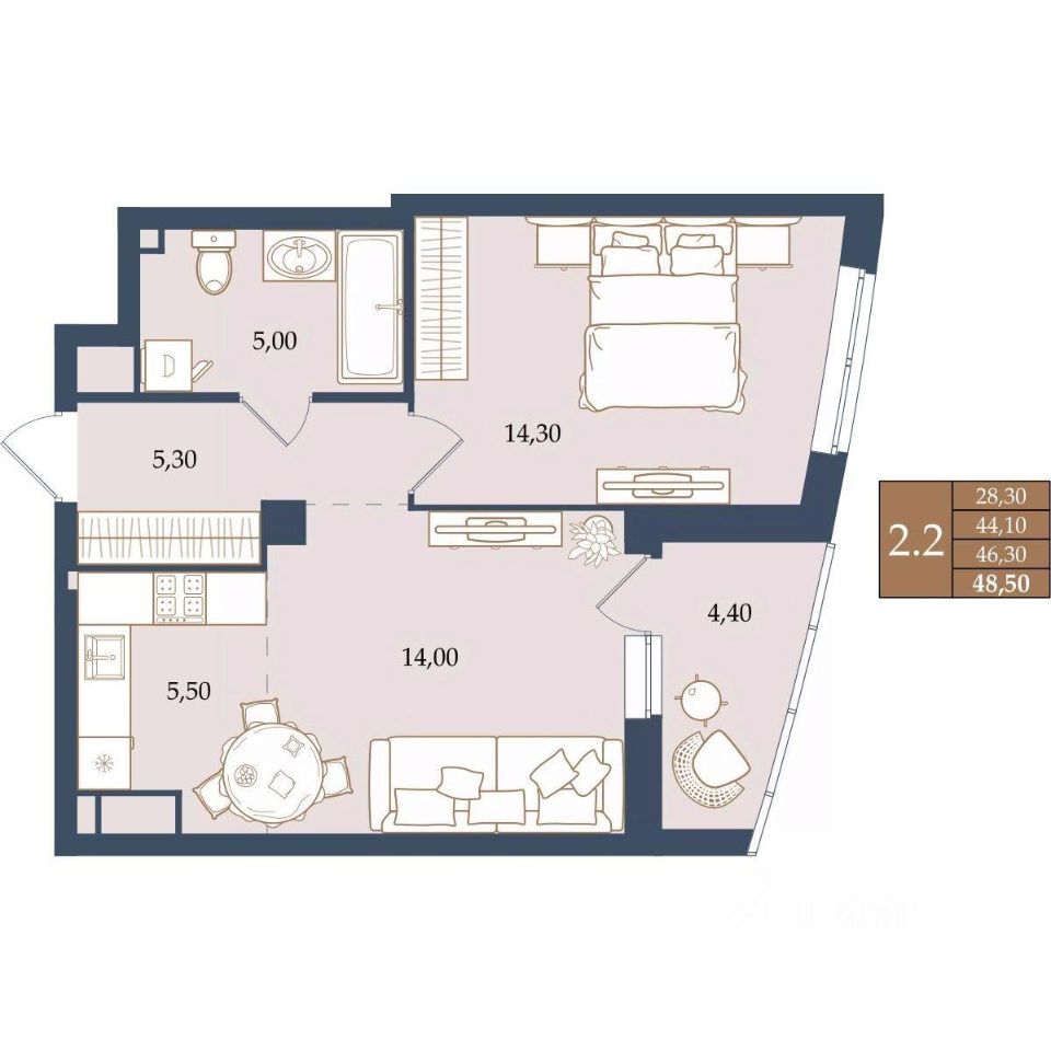 1-к кв. Свердловская область, Екатеринбург ул. Щербакова, 20 (46.3 м²)