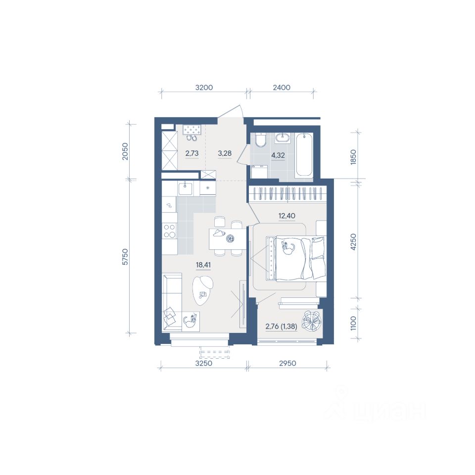 1-к кв. Свердловская область, Екатеринбург ул. Энтузиастов, 18 (42.52 м²)