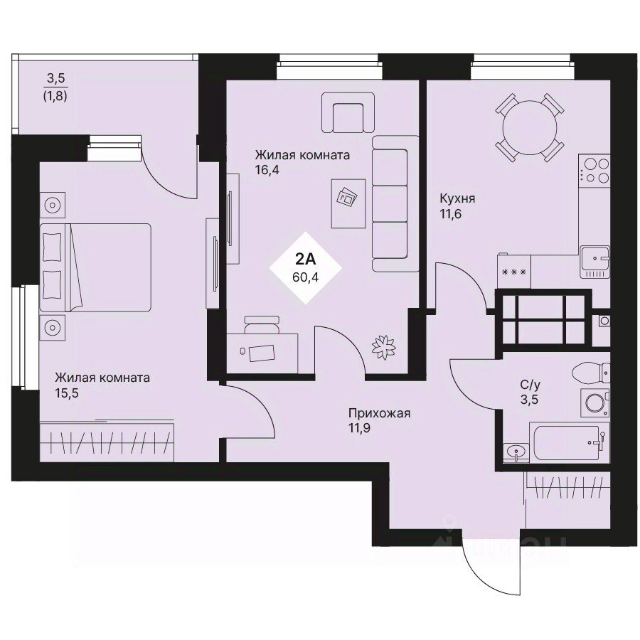 2-к кв. Свердловская область, Екатеринбург просп. Космонавтов, 108/5 (60.35 м²)