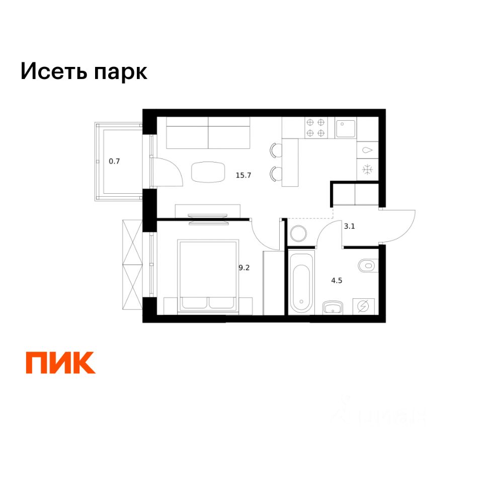 1-к кв. Свердловская область, Екатеринбург Южный жилрайон, Исеть Парк жилой комплекс, 1/5 (33.2 м²)