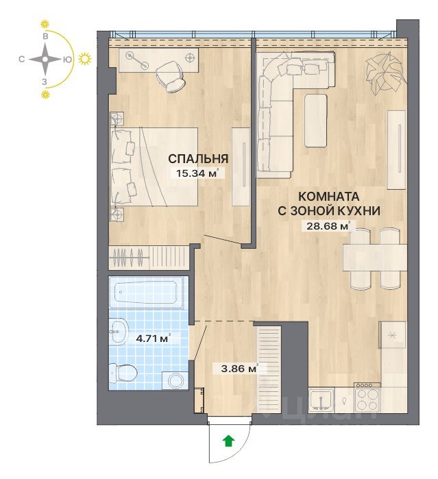 2-к кв. Свердловская область, Екатеринбург ул. Маршала Жукова, 16 (52.59 м²)