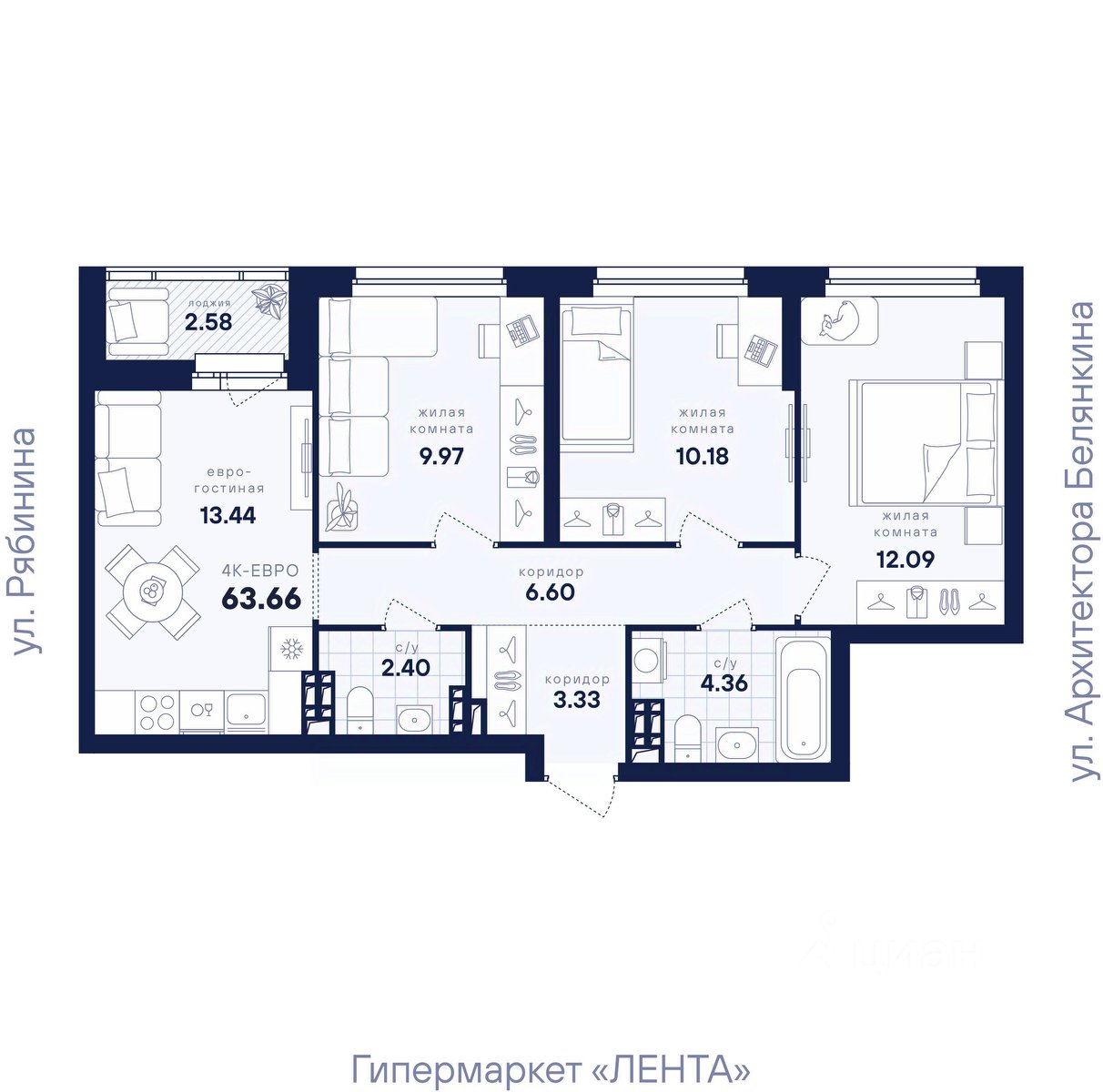 3-к кв. Свердловская область, Екатеринбург ул. Рябинина, 42 (63.66 м²)
