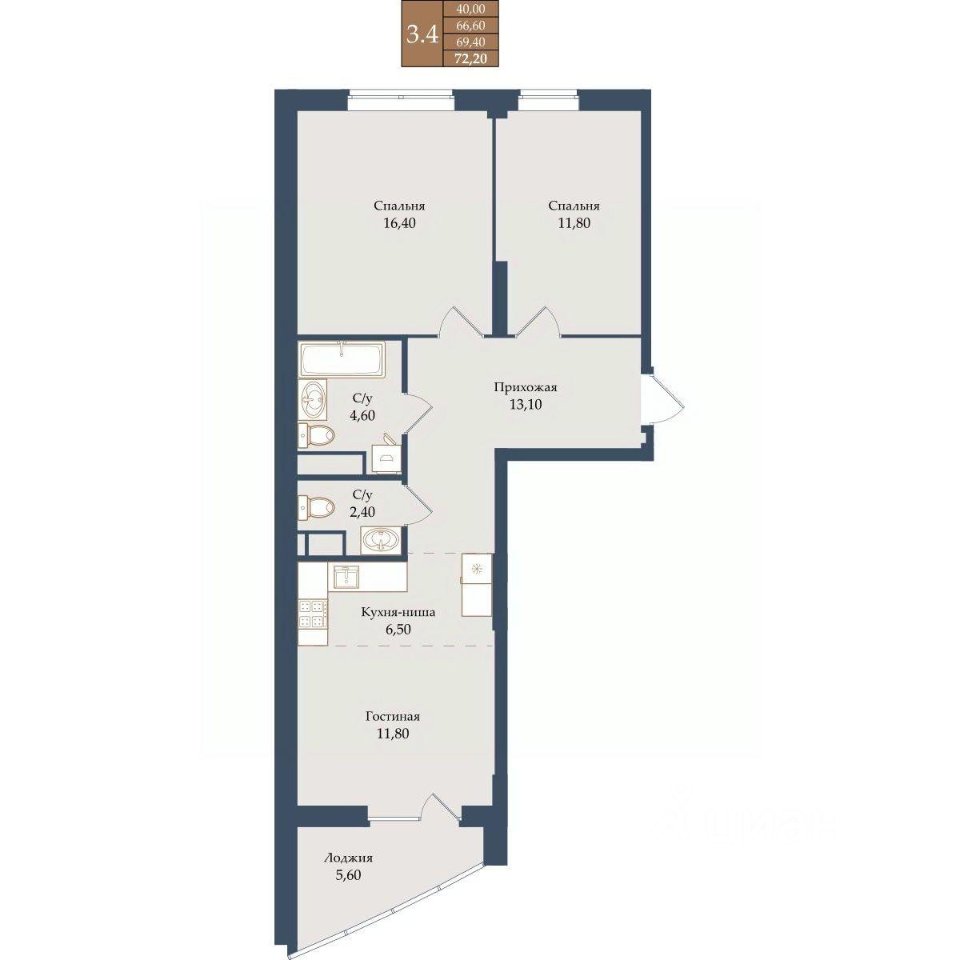 2-к кв. Свердловская область, Екатеринбург ул. Щербакова, 20 (69.4 м²)