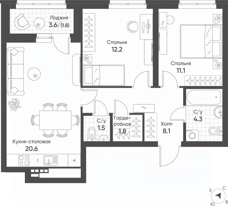 2-к кв. Свердловская область, Екатеринбург Солнечный жилрайон,  (61.4 м²)